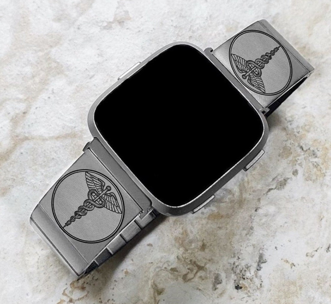 Engraved Watch Band Compatible with Fitbit Versa Lite 2 3 4 and Sense 2 Smartwatches Silver Color Stainless Steel Bracelet Strap MS1